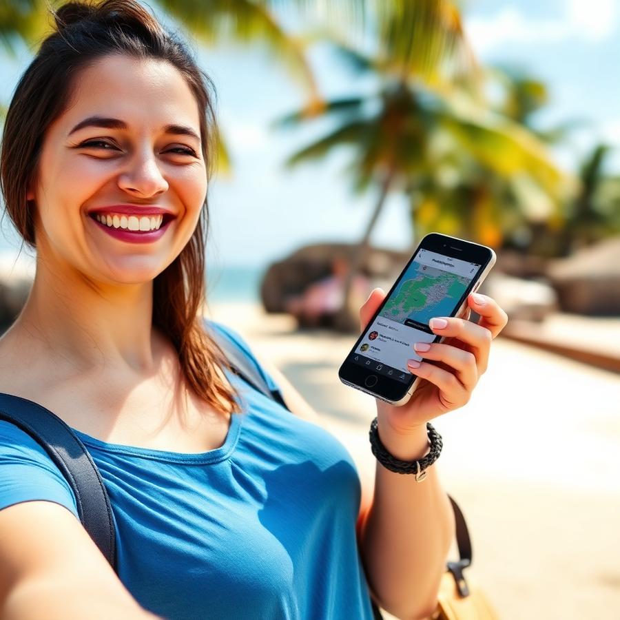 Marina Alcântara usando o guia digital em Fernando de Noronha