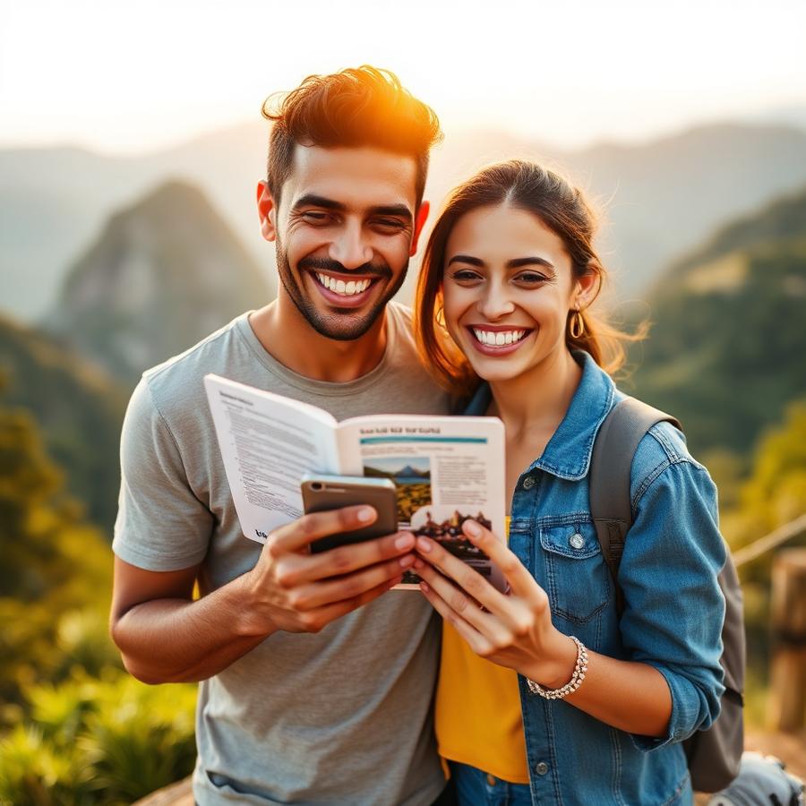 Rafael e Bia usando o guia digital em Serra Gaúcha